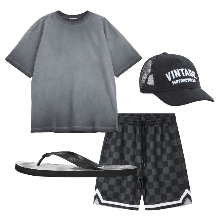 Outfit uomo - T-shaded. Stile Casual per Tutti i giorni. Abbinamento con pantaloncini sportivi, sandali, cappelli, t-shirt.
