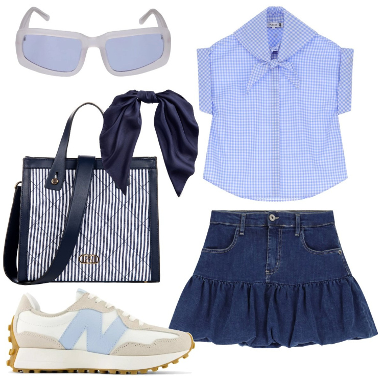 Outfit donna - La minigonna in denim. Stile Casual chic per Tutti i giorni. Abbinamento con sneakers, shopping bag, camicie a manica corta, minigonne, foulard, occhiali da sole.