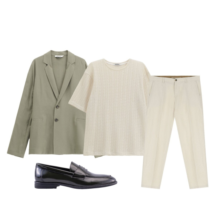 Outfit uomo - Cena sotto le stelle. Stile Trendy per Serata speciale. Abbinamento con giacche, t-shirt, pantaloni chino, scarpe stringate.