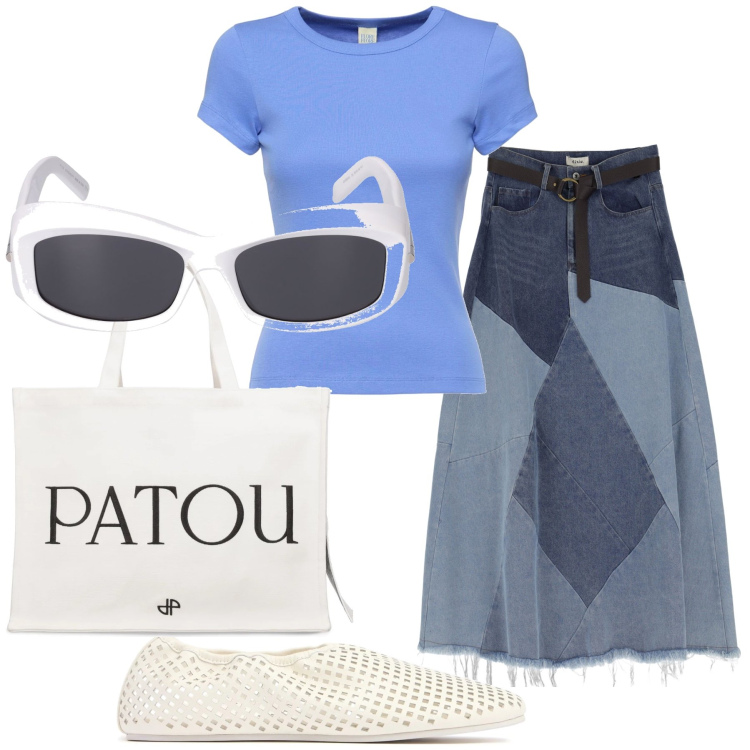 Outfit donna - Gonna jeans in città. Stile Urban per Tutti i giorni. Abbinamento con gonne longuette, shopping bag, ballerine, occhiali da sole, t-shirt.