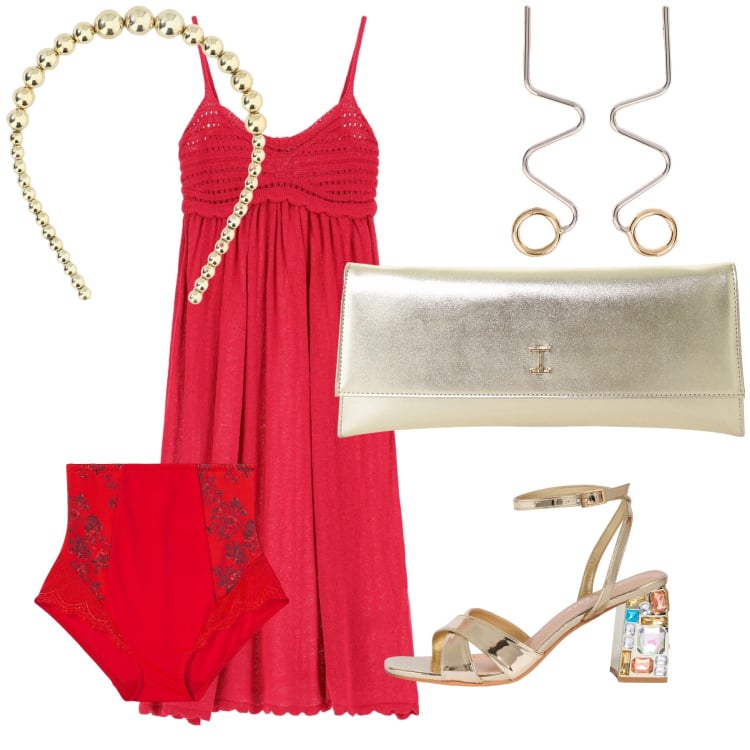 Outfit donna - Red is a good idea. Stile Glamour per Serata fuori. Abbinamento con culotte, sandali gioiello, vestiti, pochette, cerchietti, orecchini.
