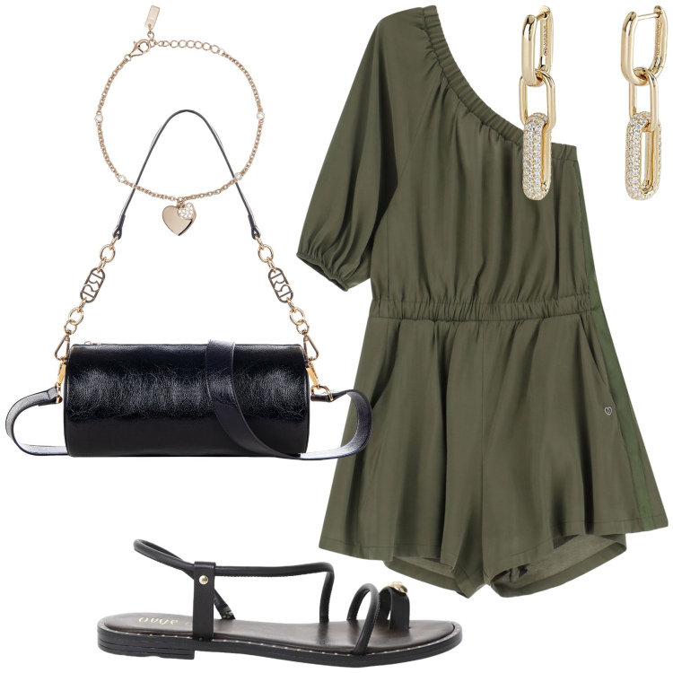 Outfit donna - Tutina mono spalla. Stile Urban per Tutti i giorni. Abbinamento con borse a mano, tute, orecchini, braccialetti con ciondoli, sandali.