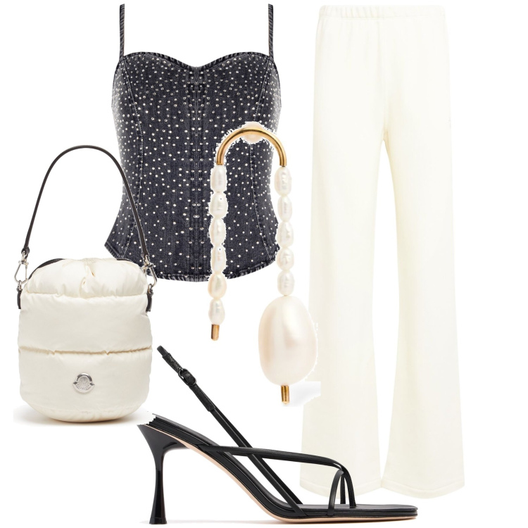 Outfit donna - Chic per un ristorante. Stile Bon Ton per Serata fuori. Abbinamento con top, sandali in pelle, orecchini, borse a secchiello, pantaloni.