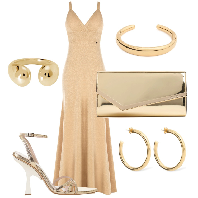 Outfit donna - Golden night - @angelbeautyeli. Stile Chic per Serata fuori. Abbinamento con anelli, vestiti lunghi, sandali col tacco, orecchini, pochette, braccialetti.