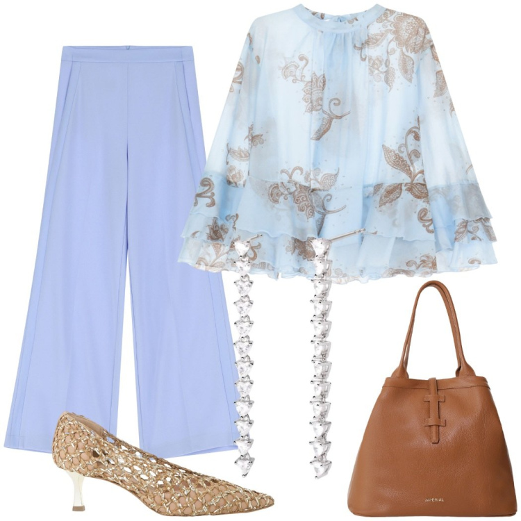 Outfit donna - Cerimonia elegante. Stile Chic per Cerimonia. Abbinamento con orecchini, pantaloni a palazzo, camicie, borse tote, décolleté.