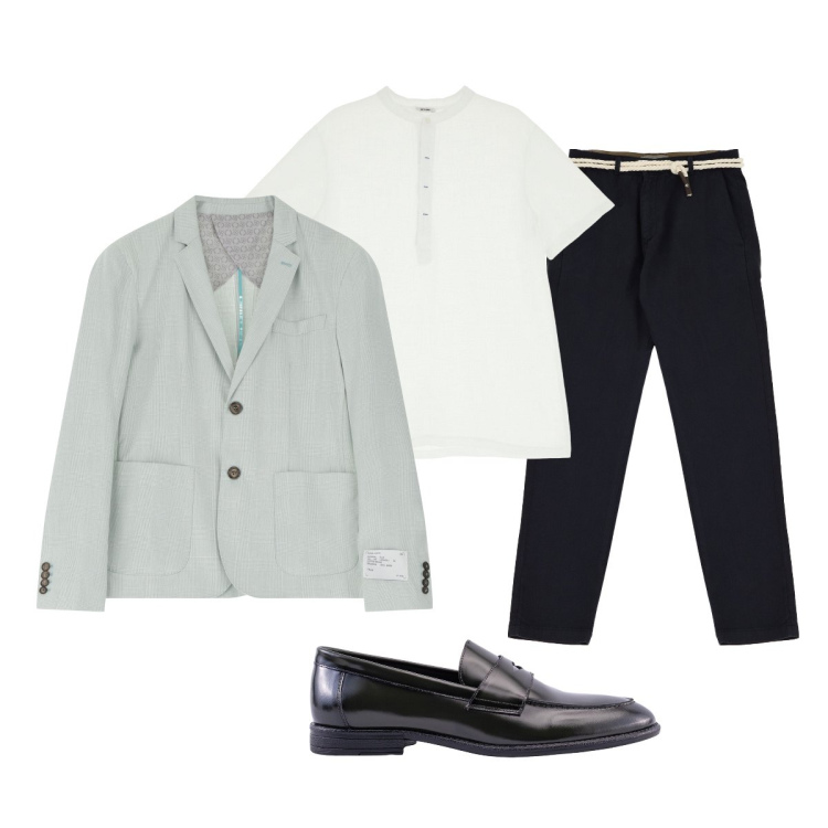 Outfit uomo - Eleganza senza impegno. Stile Trendy per Serata speciale. Abbinamento con giacche, pantaloni chino, t-shirt, scarpe stringate.