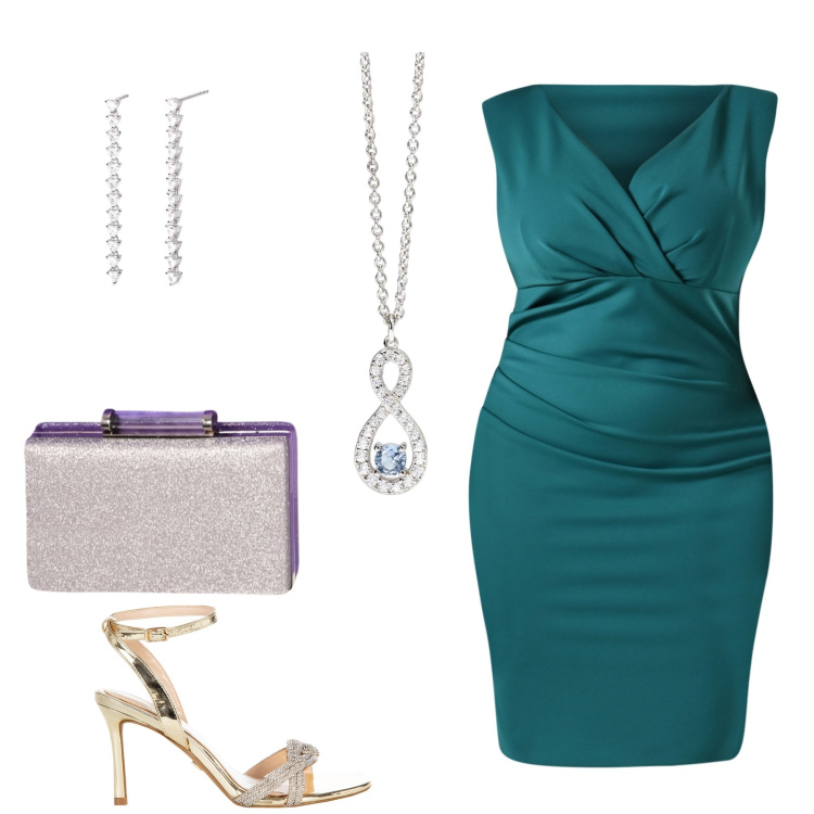 Outfit donna - Cena elegante. Stile Glamour per Serata fuori. Abbinamento con vestiti a tubino, sandali col tacco, pochette, ciondoli, orecchini.