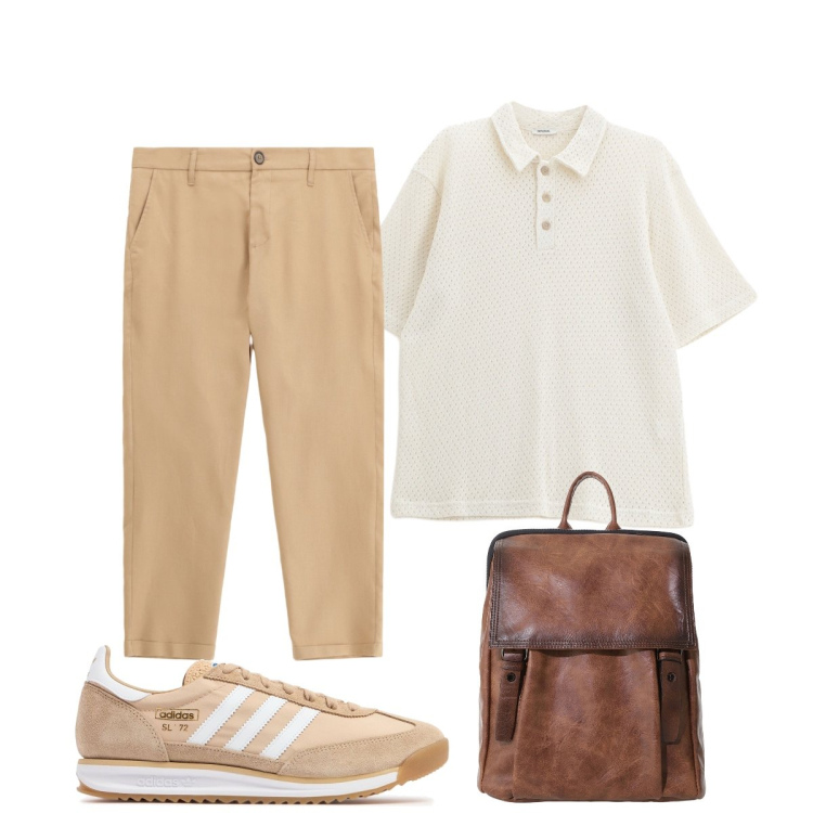 Outfit uomo - Di corsa in ufficio. Stile Trendy per Ufficio. Abbinamento con borse sportive, polo, pantaloni, sneakers.