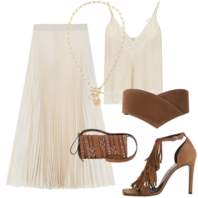 Outfit donna - Un luglio romantico. Stile Boho per Serata fuori. Abbinamento con borse a spalla, gonne lunghe, top, décolleté, cinture, collane.