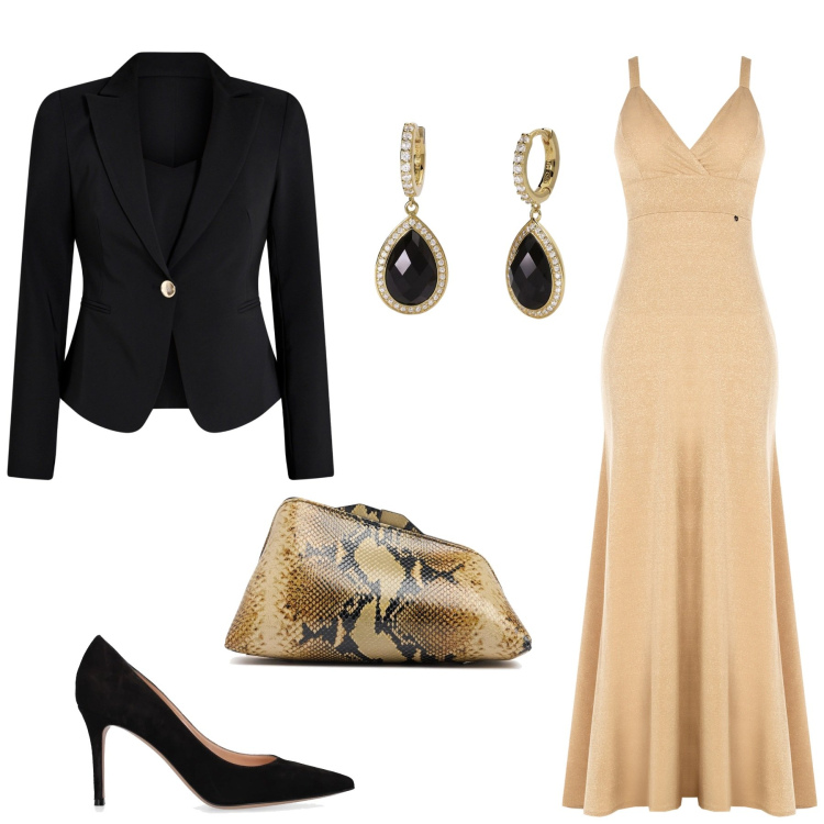 Outfit donna - Serata speciale. Stile Chic per Serata fuori. Abbinamento con orecchini, blazer, vestiti lunghi, pochette, décolleté.