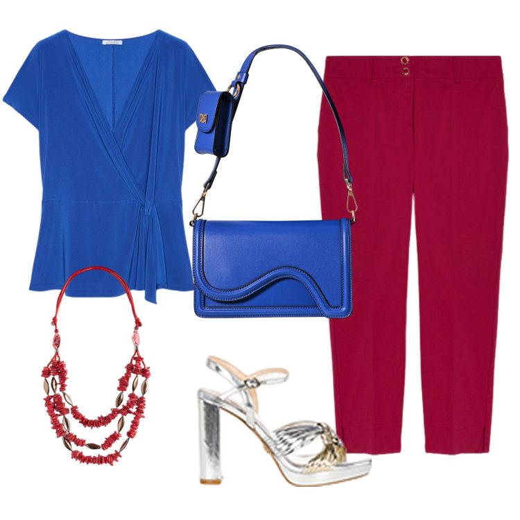 Outfit donna - Corallo blu. Stile Casual per Serata fuori. Abbinamento con sandali in pelle, pochette, bluse, collane, pantaloni chino.