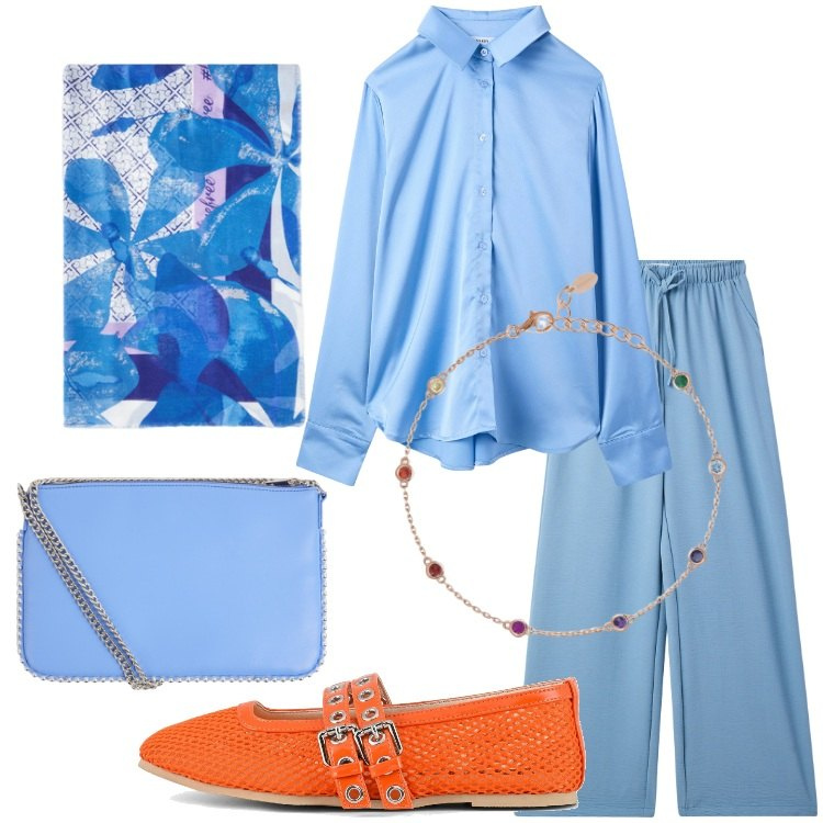 Outfit donna - Outfit monocromatico con twist. Stile Casual chic per Tutti i giorni. Abbinamento con pantaloni, camicie, borse a tracolla, braccialetti, ballerine, stole.