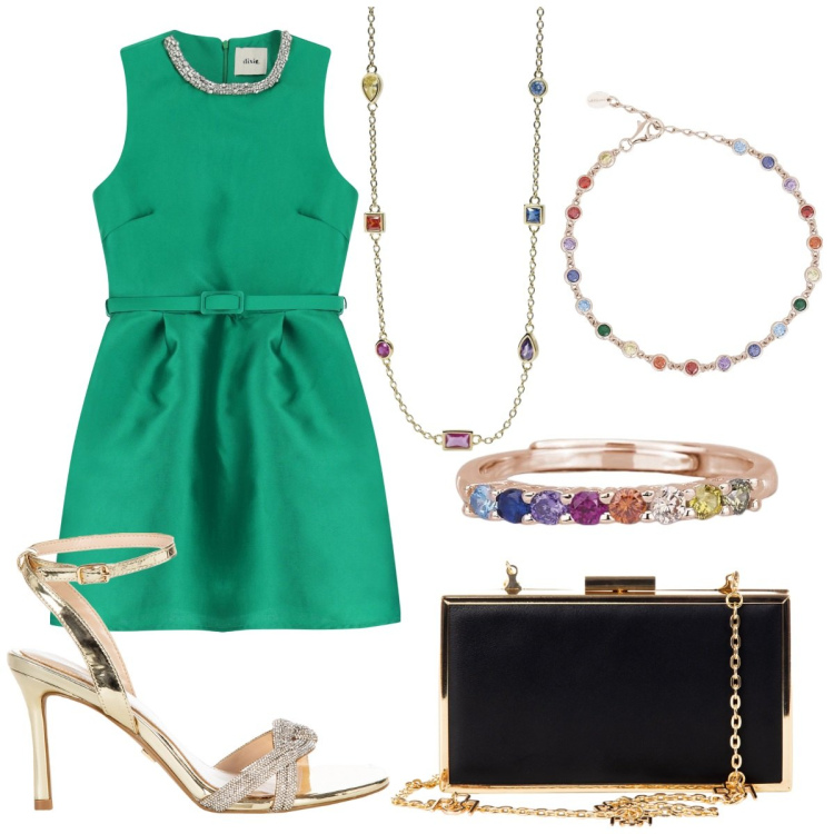 Outfit donna - Cerimonia serale all\'aperto. Stile Glamour per Cerimonia. Abbinamento con vestiti corti, braccialetti, anelli, collane, sandali col tacco, pochette.