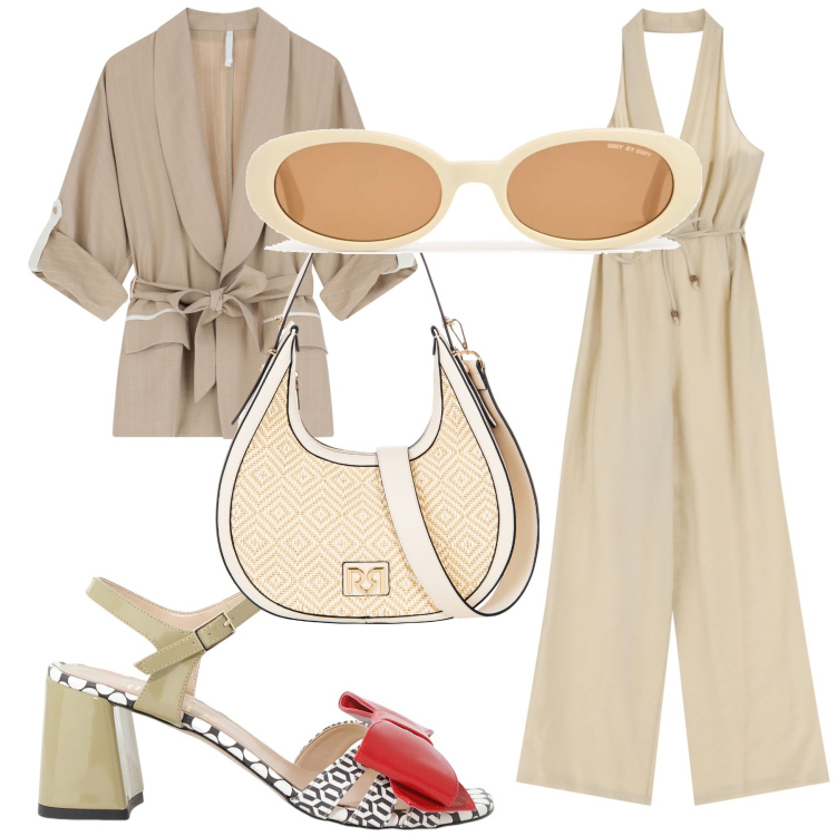 Outfit donna - Un po’ di sabbia in ufficio. Stile Bon Ton per Ufficio. Abbinamento con borse a mano, blazer, tute, sandali col tacco, occhiali da sole.