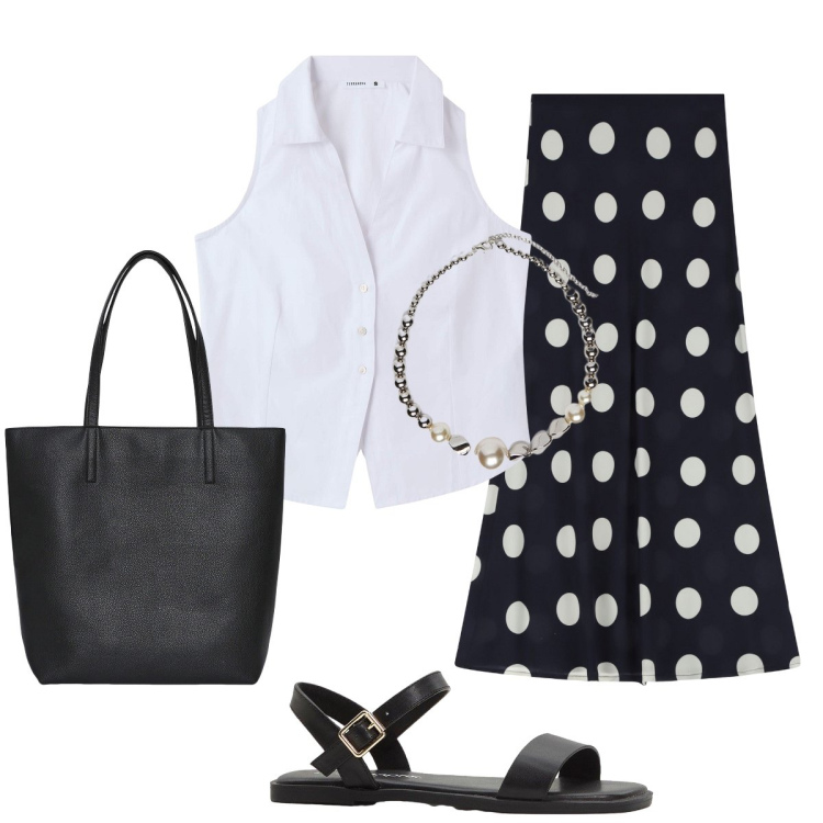 Outfit donna - Bon ton in città. Stile Bon Ton per Ufficio. Abbinamento con sandali, camicie, borse tote, gonne lunghe, collane.