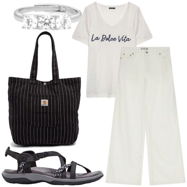 Outfit donna - Total look #2207906. Stile Basic per Tutti i giorni. Abbinamento con sandali, anelli, pantaloni a palazzo, t-shirt, borse tote.