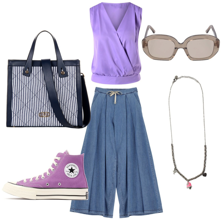 Outfit donna - Jeans comodi. Stile Casual per Tutti i giorni. Abbinamento con shopping bag, top, ciondoli, jeans, occhiali da sole, sneakers alte.
