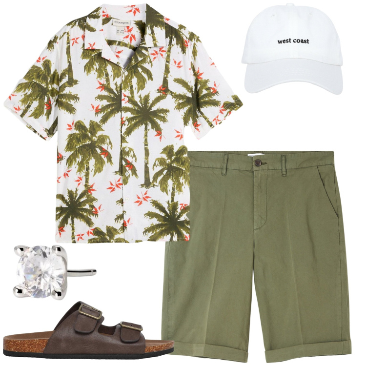 Outfit uomo - Summer vibes. Stile Casual per Mare. Abbinamento con camicie a manica corta, bermuda, cappelli, sandali, orecchini.