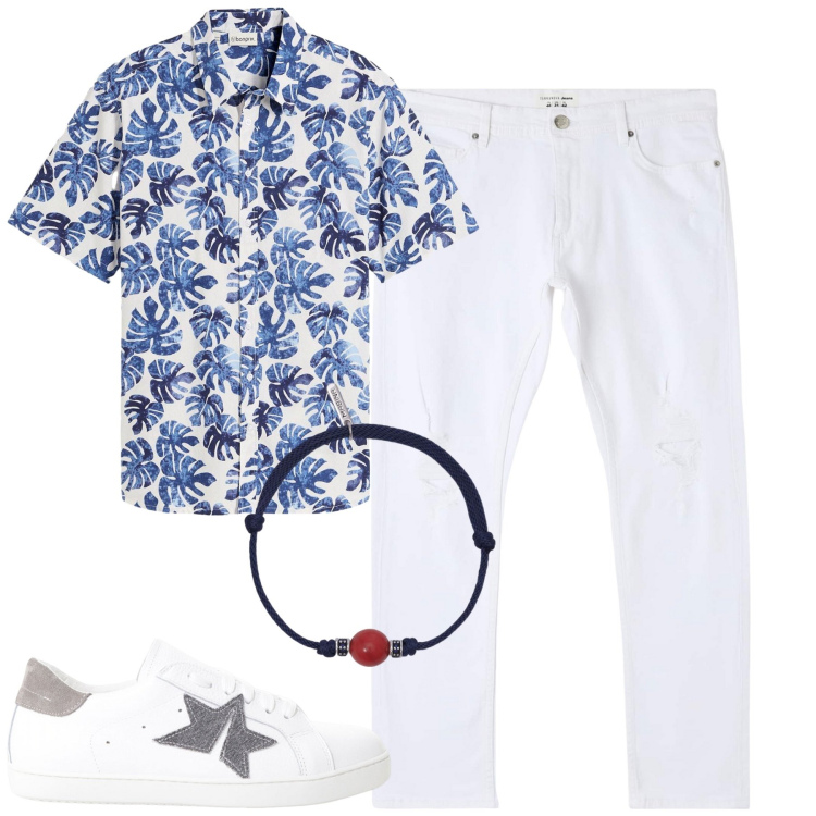 Outfit uomo - Aperitivo. Stile Casual per Serata speciale. Abbinamento con camicie a manica corta, jeans strappati, braccialetti, sneakers.