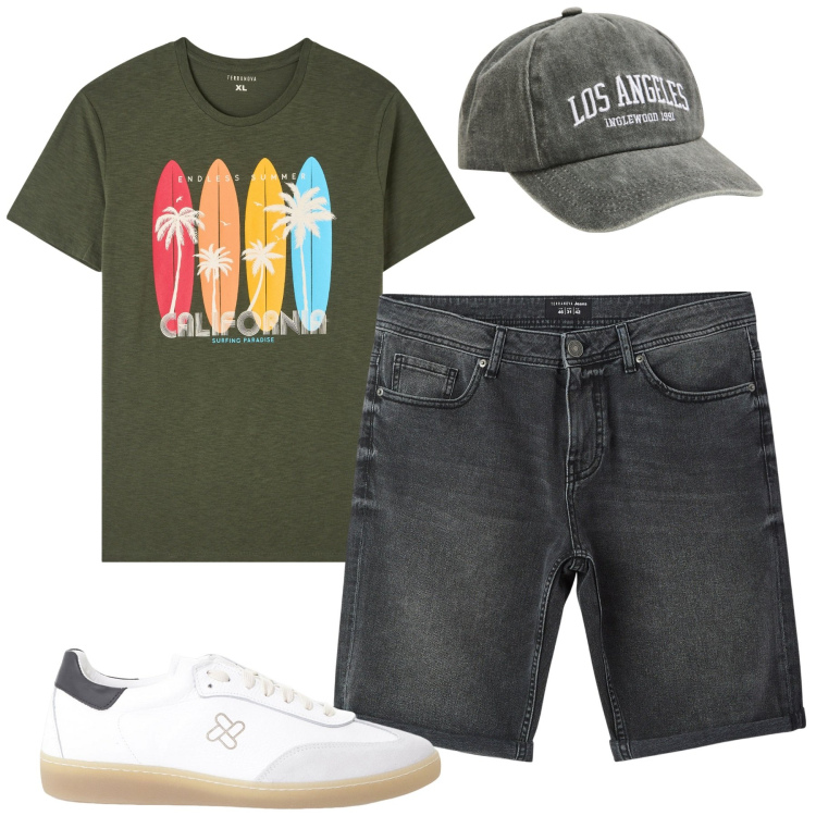 Outfit uomo - Summertime. Stile Casual per Tutti i giorni. Abbinamento con t-shirt, bermuda, cappelli, sneakers.