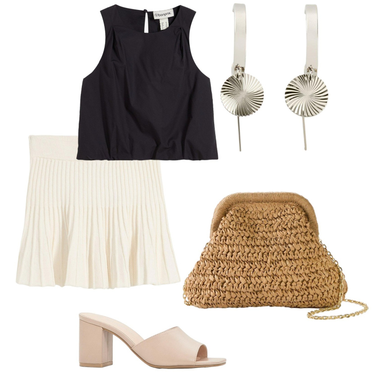 Outfit donna - Saldi Bonprix. Stile Bon Ton per Tutti i giorni. Abbinamento con sandali col tacco, minigonne, borse a tracolla, top, orecchini.