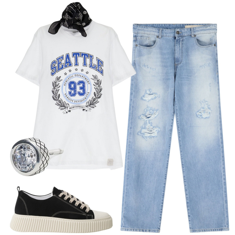 Outfit uomo - Luglio. Stile Casual per Tutti i giorni. Abbinamento con orecchini, sneakers, t-shirt, jeans strappati.