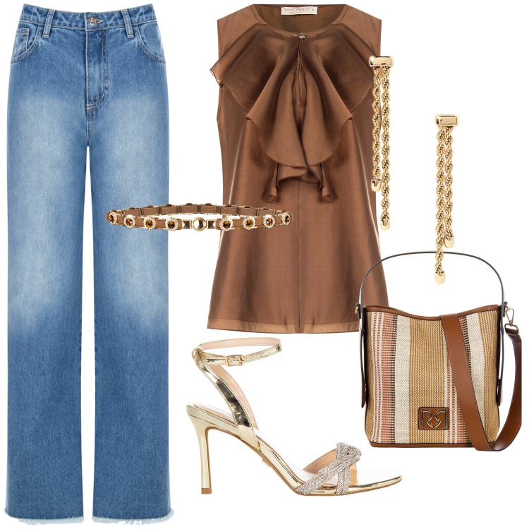 Outfit donna - Per una cena informale. Stile Casual chic per Serata fuori. Abbinamento con bluse, jeans dritti, sandali col tacco, borse a secchiello, cinture, orecchini.