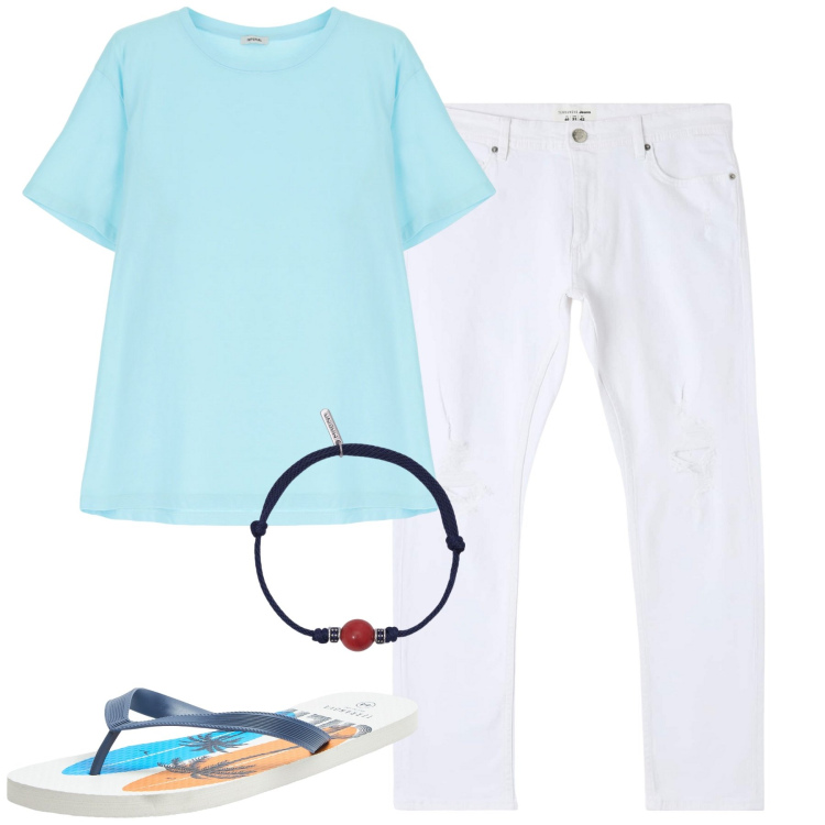 Outfit uomo - Bianco e turchese. Stile Casual per Tutti i giorni. Abbinamento con jeans strappati, sandali, braccialetti, t-shirt.