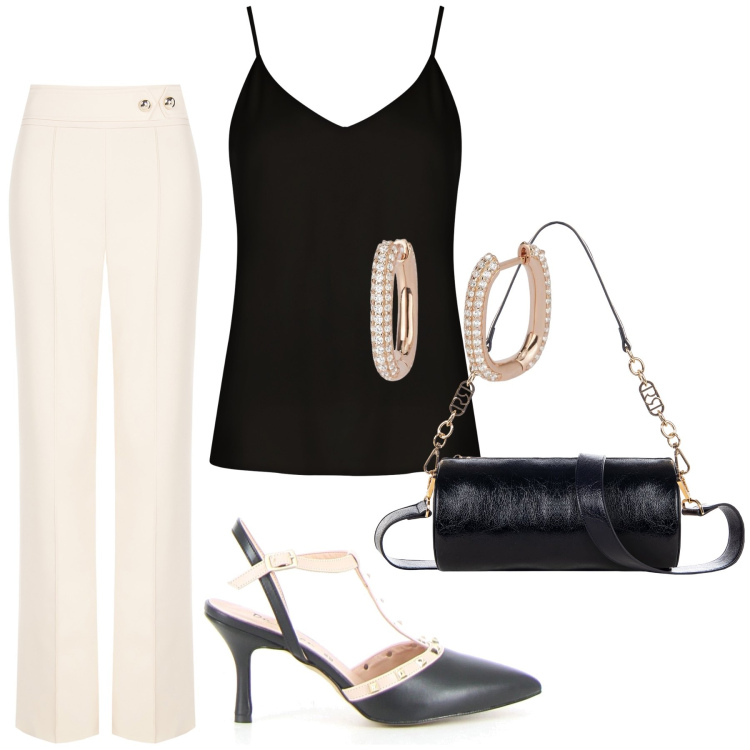 Outfit donna - L\'eleganza della sobrietà. Stile Chic per Serata fuori. Abbinamento con borse a mano, pantaloni, top, orecchini, sandali in pelle.