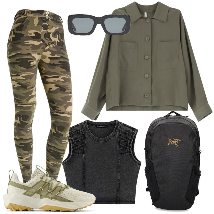Outfit donna - In cammino e zaino in spalla!. Stile Military per Sport. Abbinamento con sneakers, camicie, pantaloni skinny, top, occhiali da sole, zaini.