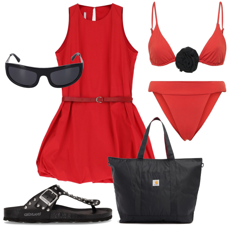 Outfit donna - Il costume perfetto. Stile Sporty chic per Mare. Abbinamento con vestiti corti, infradito, shopping bag, bikini, occhiali da sole, bikini.