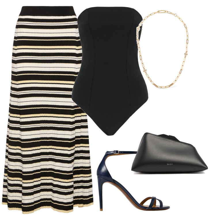 Outfit donna - Essenziale. Stile Casual chic per Serata fuori. Abbinamento con sandali col tacco, body, pochette, collane, gonne lunghe.