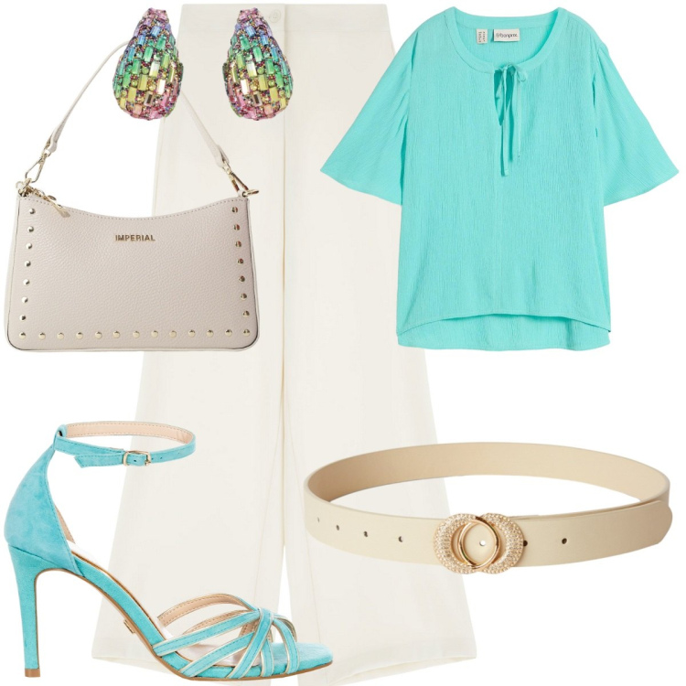 Outfit donna - Donna in carriera. Stile Urban per Ufficio. Abbinamento con tuniche, cinture, sandali col tacco, pantaloni, borse a spalla, orecchini.