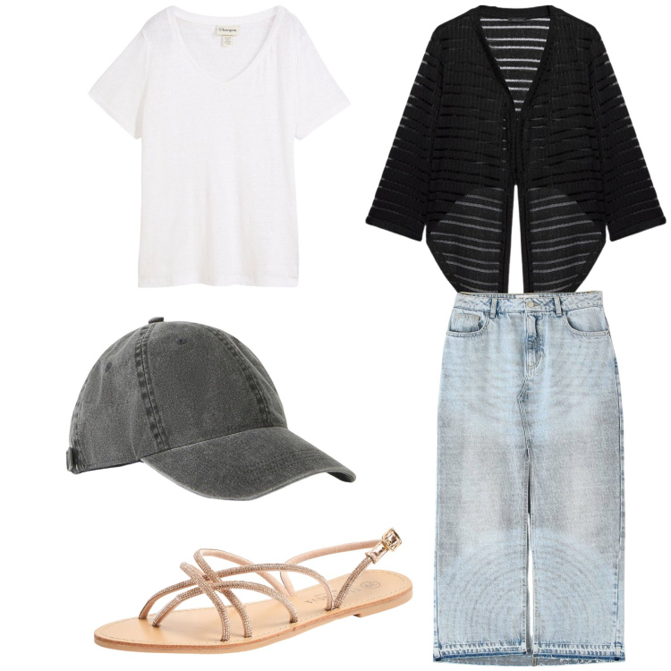 Outfit donna - Pomeriggio in centro. Stile Casual Abbinamento con maglieria, cappelli con visiera, sandali, gonne lunghe, bolero.