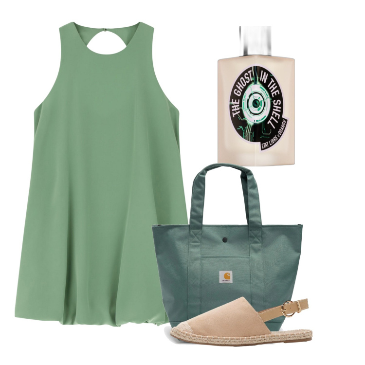 Outfit donna - Ios. Stile Minimal per Tutti i giorni. Abbinamento con espadrillas, profumi, vestiti corti, borse tote.