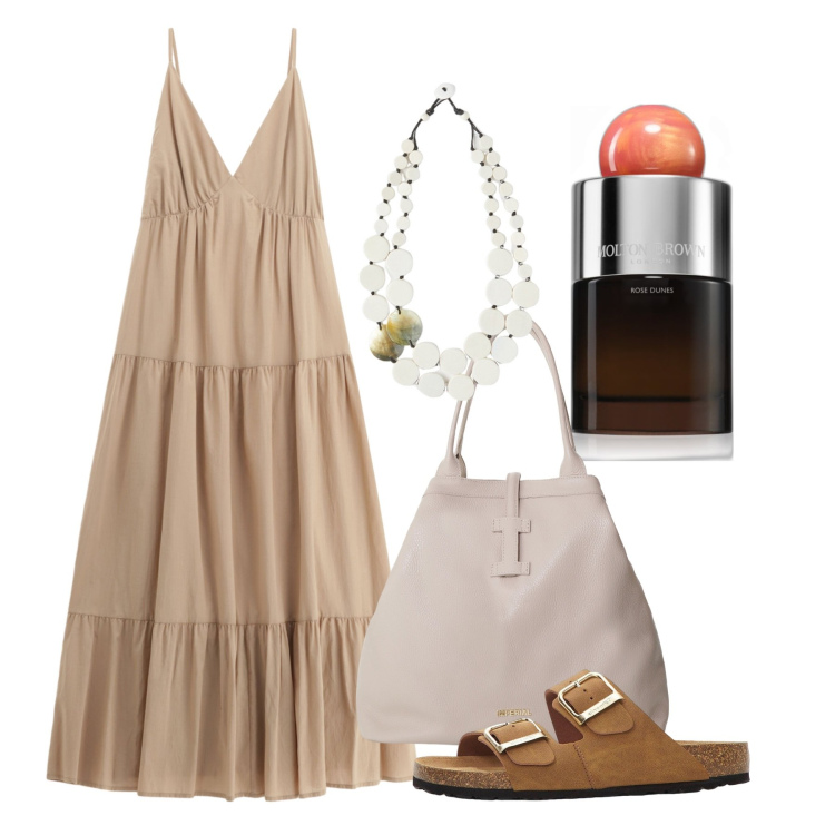 Outfit donna - Thirassia. Stile Chic per Serata fuori. Abbinamento con ciabatte, profumi, vestiti lunghi, borse tote, ciondoli.