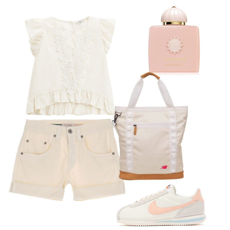 Outfit donna - Andros. Stile Casual per Tutti i giorni. Abbinamento con profumi, shopping bag, shorts, top, sneakers.