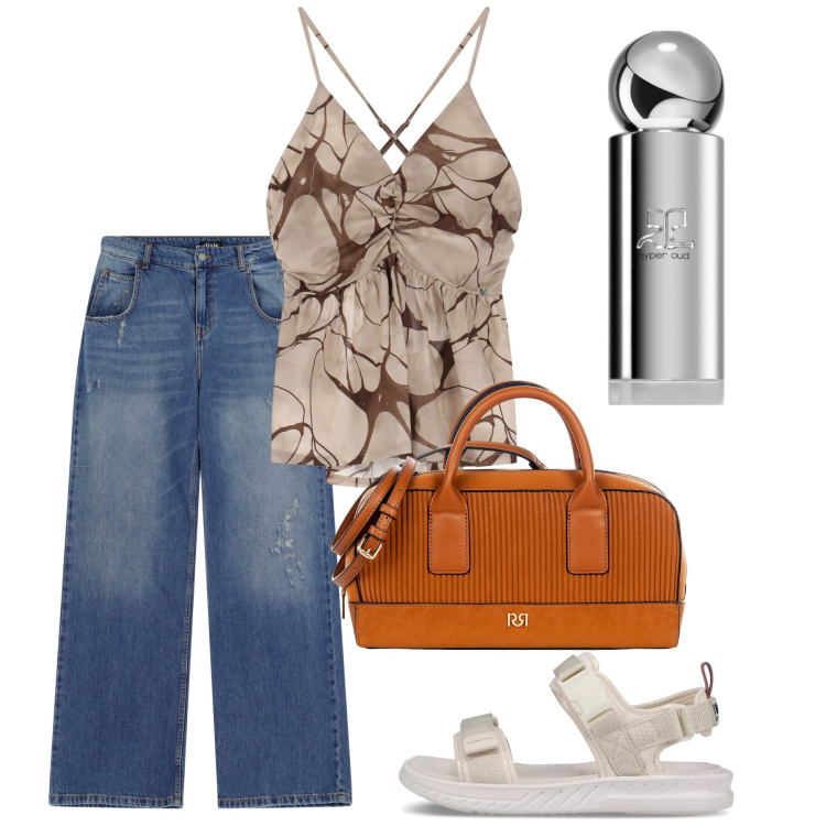 Outfit donna - Tinos. Stile Casual per Tutti i giorni. Abbinamento con profumi, sandali, borse a mano, canottiere, jeans strappati.