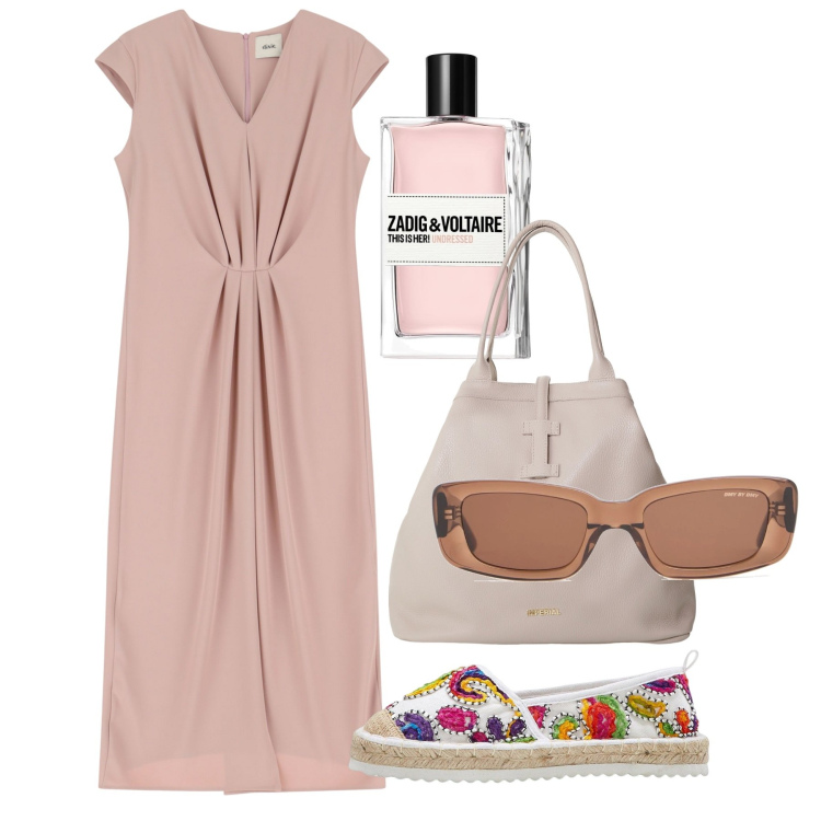 Outfit donna - Mikonos. Stile Bon Ton per Tutti i giorni. Abbinamento con espadrillas, profumi, borse tote, vestiti midi/longuette, occhiali da sole.