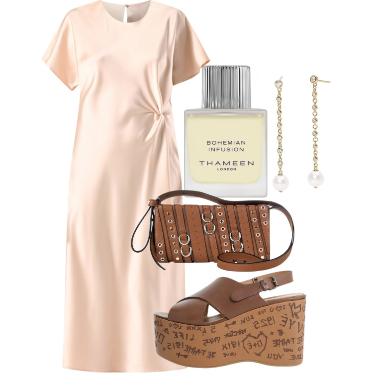 Outfit donna - Paros. Stile Chic per Tutti i giorni. Abbinamento con profumi, orecchini, borse a spalla, vestiti midi/longuette, zeppe.