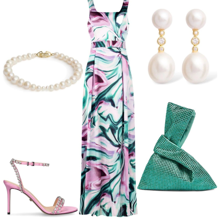 Outfit donna - Cerimonia. Stile Glamour per Cerimonia. Abbinamento con vestiti lunghi, borse a mano, braccialetti, orecchini, sandali in pelle.