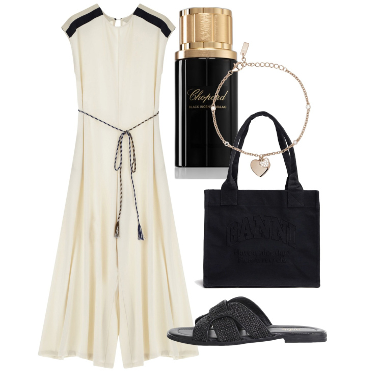 Outfit donna - Naxos. Stile Chic per Serata fuori. Abbinamento con profumi, braccialetti con ciondoli, tute, sandali, shopping bag.