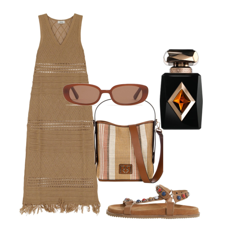 Outfit donna - Donoussa. Stile Etnico per Tutti i giorni. Abbinamento con profumi, borse a secchiello, vestiti lunghi, sandali, occhiali da sole.