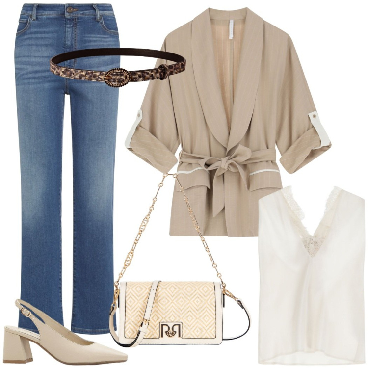 Outfit donna - Happy hour dopo l\'ufficio. Stile Casual chic per Serata fuori. Abbinamento con décolleté, cinture, borse a tracolla, top, blazer, jeans dritti.