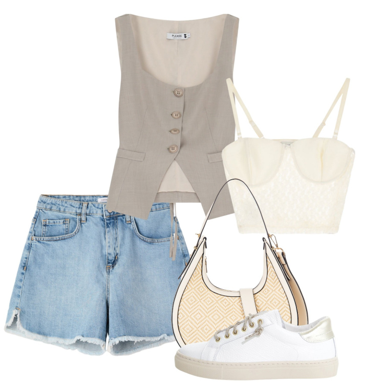 Outfit donna - Koufonissi. Stile Casual chic per Tutti i giorni. Abbinamento con shorts, borse a mano, gilet, sneakers, top.