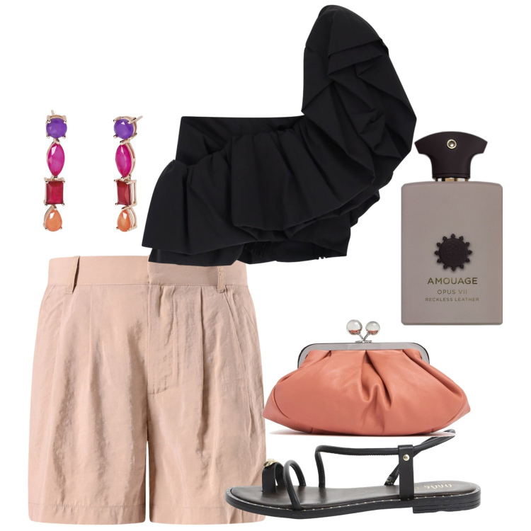 Outfit donna - Amorgos. Stile Chic per Serata fuori. Abbinamento con profumi, orecchini, shorts, top, sandali, pochette.