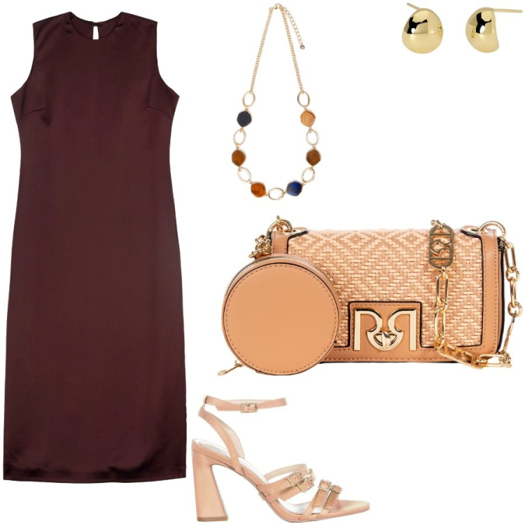 Outfit donna - Il tubino in satin mocha mousse. Stile Chic per Ufficio. Abbinamento con orecchini, sandali col tacco, borse a tracolla, vestiti midi/longuette, collane.