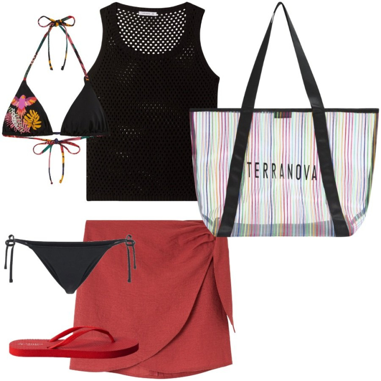 Outfit donna - Il mare di Luglio. Stile Casual per Mare. Abbinamento con vestiti da spiaggia, infradito, top, shopping bag, bikini, bikini.