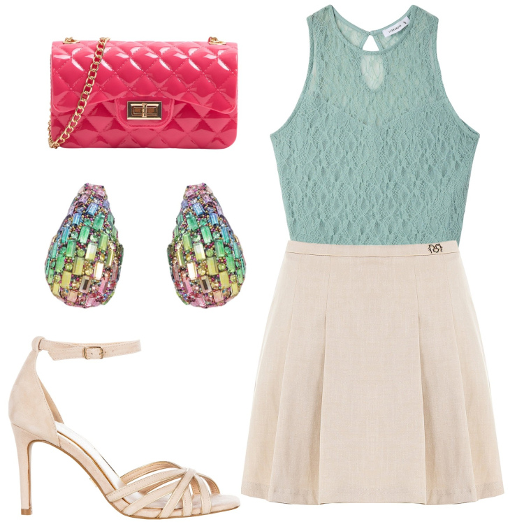 Outfit donna - Quell\' aria perbene. Stile Bon Ton per Tutti i giorni. Abbinamento con top, borse a tracolla, sandali col tacco, gonne, orecchini.