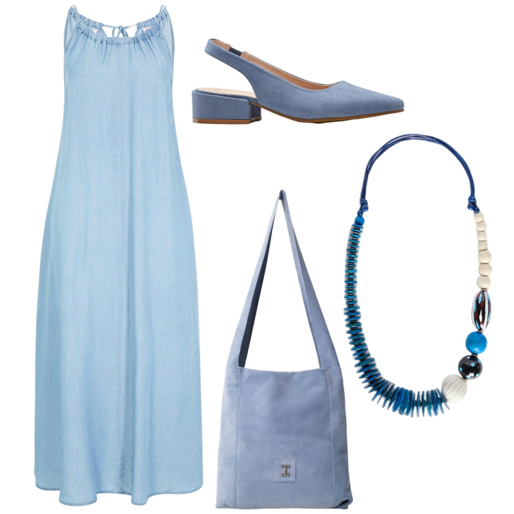 Outfit donna - Tra cielo e mare. Stile Bon Ton per Tutti i giorni. Abbinamento con vestiti, décolleté, borse a tracolla, collane.